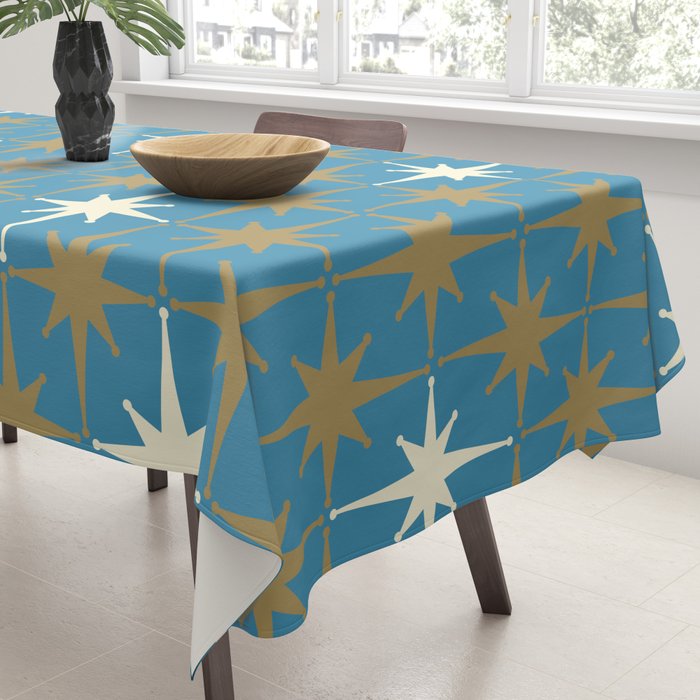 Atomic Age Retro Starburst Mid-century Modern Pattern in Burnished Gold, Cream, and 50s Blue Tablecloth Gallery Image 3