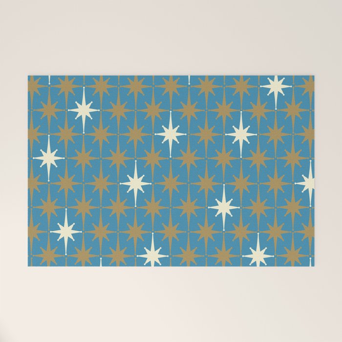 Atomic Age Retro Starburst Mid-century Modern Pattern in Burnished Gold, Cream, and 50s Blue Welcome Mat Gallery Image 1