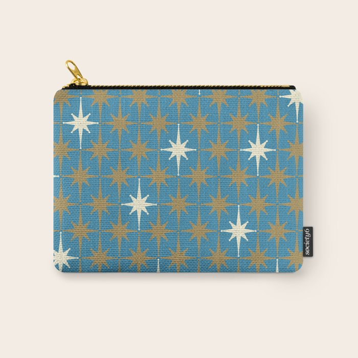 Atomic Age Retro Starburst Mid-century Modern Pattern in Burnished Gold, Cream, and 50s Blue Carry All Pouch Gallery Image 1