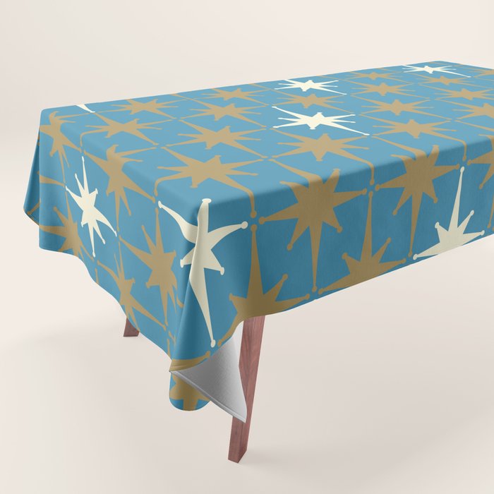 Atomic Age Retro Starburst Mid-century Modern Pattern in Burnished Gold, Cream, and 50s Blue Tablecloth Gallery Image 1