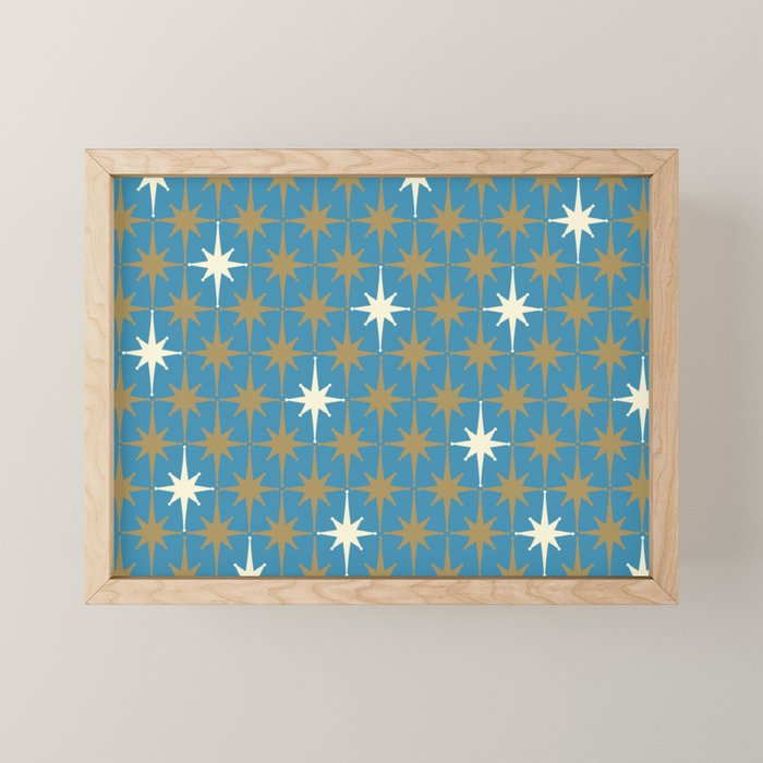 Atomic Age Retro Starburst Mid-century Modern Pattern in Burnished Gold, Cream, and 50s Blue Mini Art Print Gallery Image 1