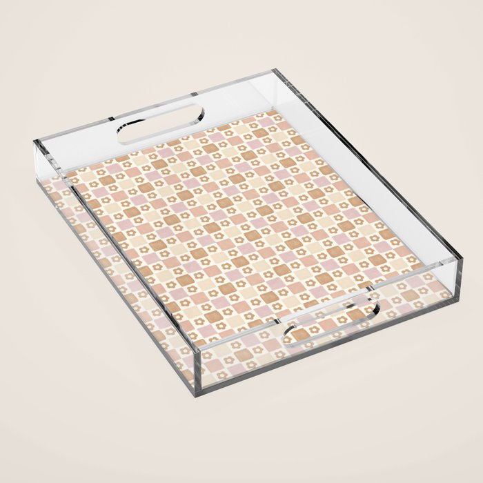 Checkered Floral - Pink Brown Beige Acrylic Tray Gallery Image 1