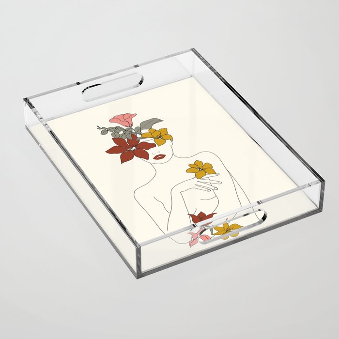 Colorful Thoughts Minimal Line Art Woman with Flowers IV  Acrylic Tray Gallery Image 1