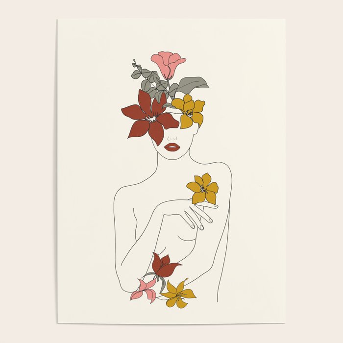 Colorful Thoughts Minimal Line Art Woman with Flowers IV  Poster Gallery Image 4