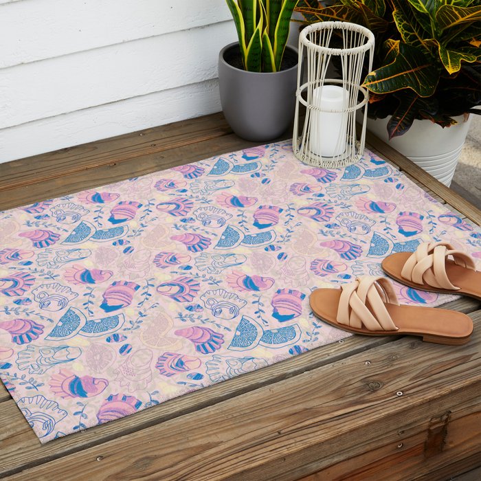 Coastal Oysters on the Beach in Pastel Pink & Blue Outdoor Rug Gallery Image 2