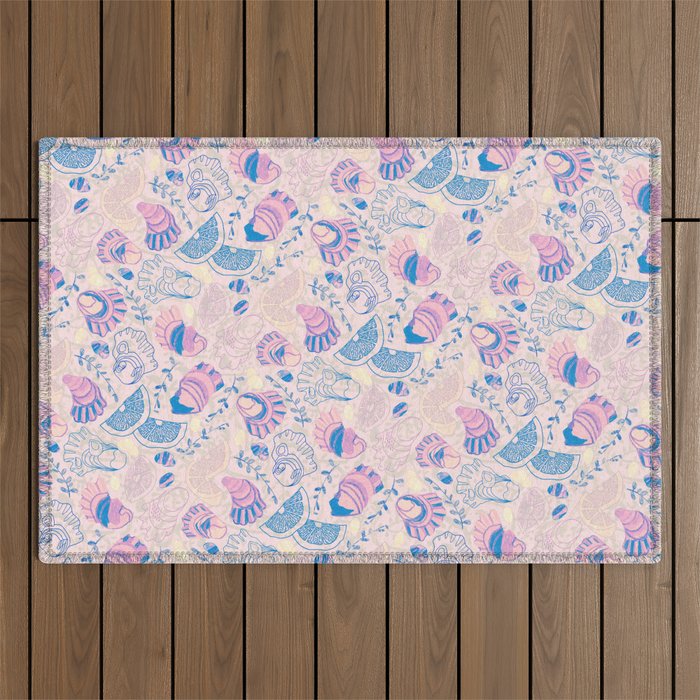Coastal Oysters on the Beach in Pastel Pink & Blue Outdoor Rug Gallery Image 1
