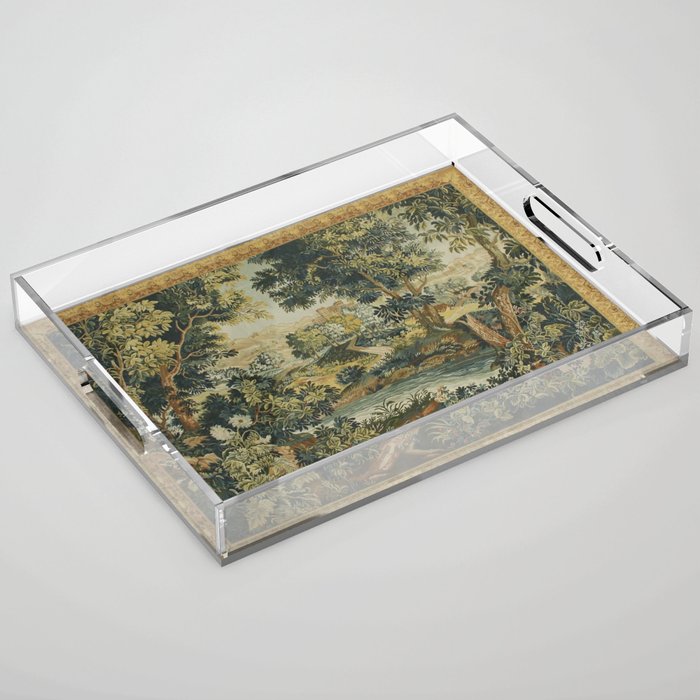 Antique 18th Century Verdure French Aubusson Tapestry Acrylic Tray Gallery Image 1