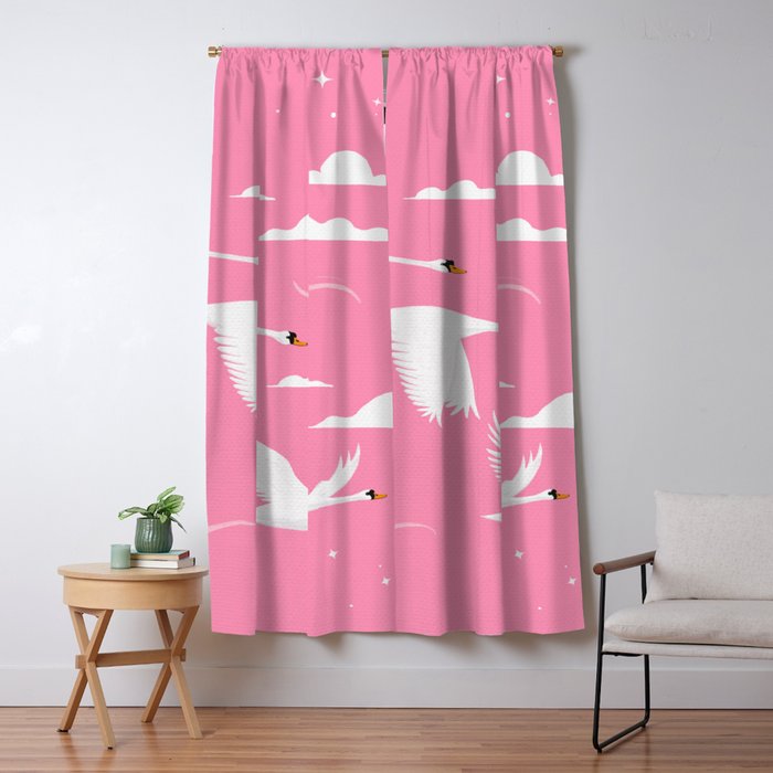 Flying Swans Illustration - Pink Sky with Clouds and Stars Window Curtain Gallery Image 5