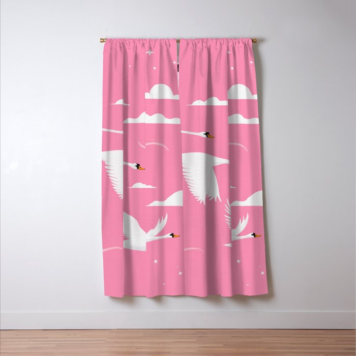 Flying Swans Illustration - Pink Sky with Clouds and Stars Window Curtain Gallery Image 3