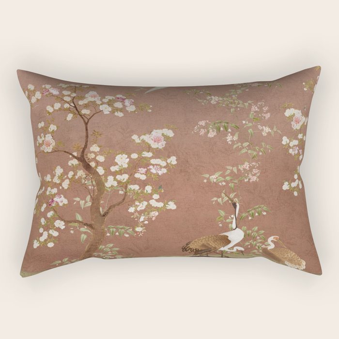 Vintage chinoiserie birds and japanese blossom trees on terracotta Rectangular Pillow Gallery Image 2