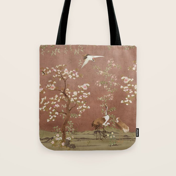 Vintage chinoiserie birds and japanese blossom trees on terracotta Tote Bag Gallery Image 1