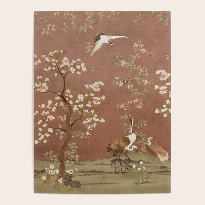 Vintage chinoiserie birds and japanese blossom trees on terracotta Poster Gallery Image 4