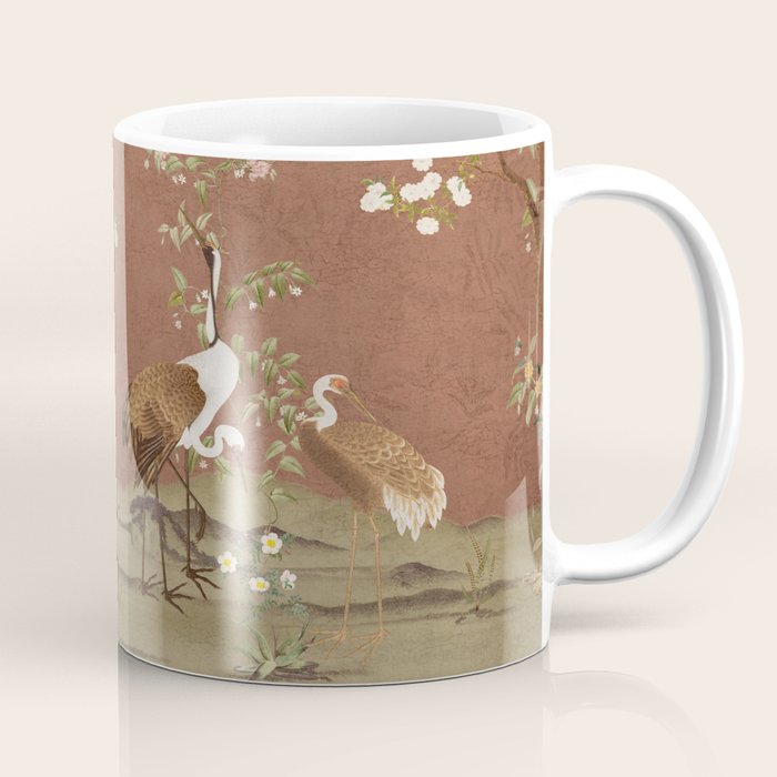 Vintage chinoiserie birds and japanese blossom trees on terracotta Coffee Mug Gallery Image 1