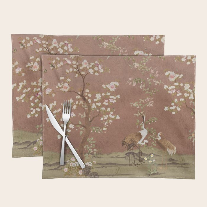 Vintage chinoiserie birds and japanese blossom trees on terracotta Placemat Gallery Image 1