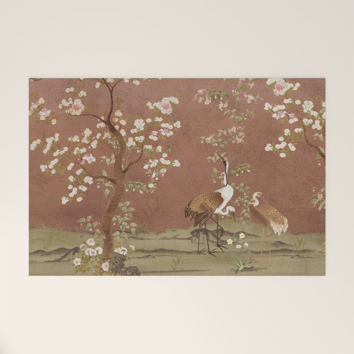 Vintage chinoiserie birds and japanese blossom trees on terracotta Welcome Mat Gallery Image 1