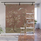 Vintage chinoiserie birds and japanese blossom trees on terracotta Wall Mural Gallery Image 1