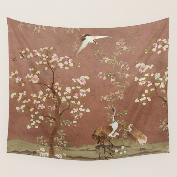 Vintage chinoiserie birds and japanese blossom trees on terracotta Wall Tapestry Gallery Image 1