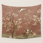 Vintage chinoiserie birds and japanese blossom trees on terracotta Wall Tapestry Gallery Image 4