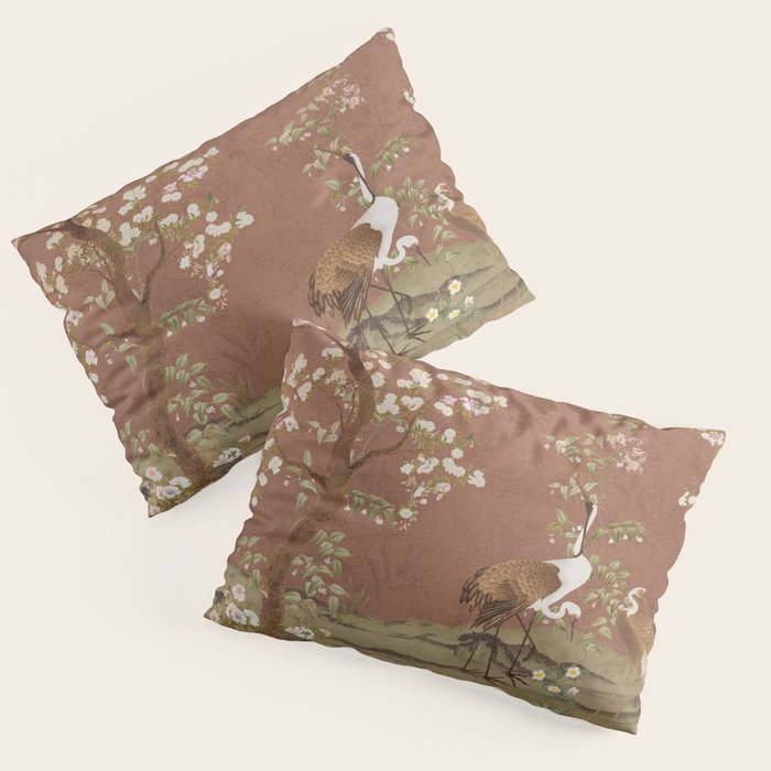 Vintage chinoiserie birds and japanese blossom trees on terracotta Pillow Sham Gallery Image 3