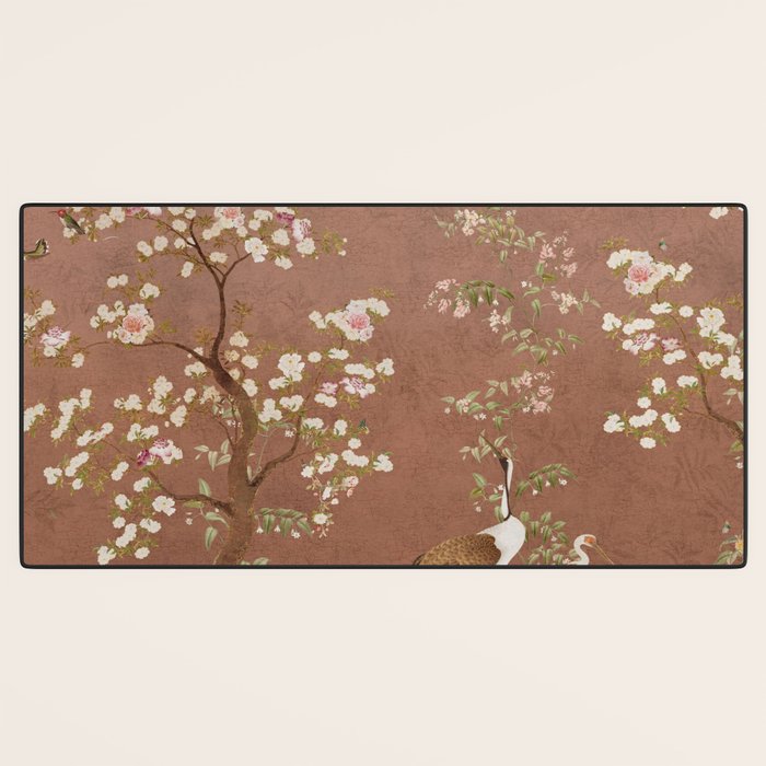 Vintage chinoiserie birds and japanese blossom trees on terracotta Desk Mat Gallery Image 3