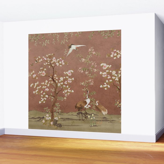 Vintage chinoiserie birds and japanese blossom trees on terracotta Wall Mural Gallery Image 2