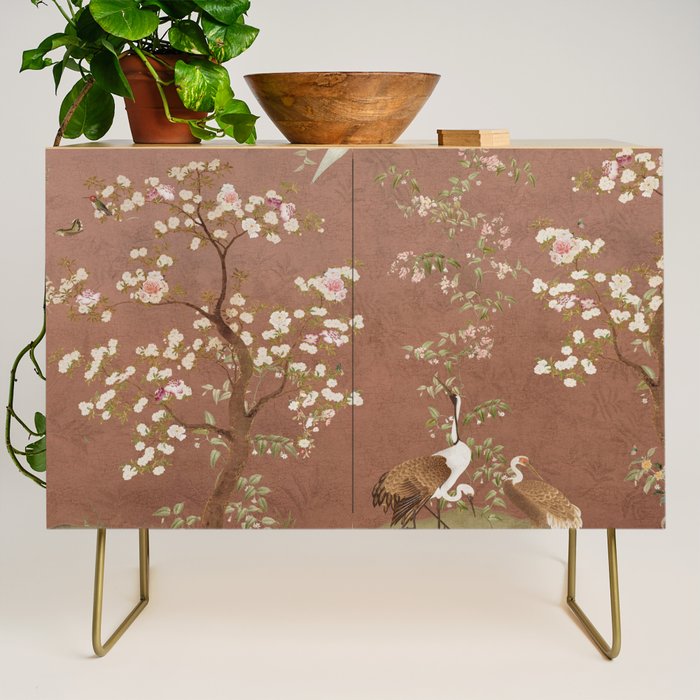 Vintage chinoiserie birds and japanese blossom trees on terracotta Credenza Gallery Image 1