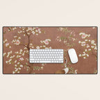 Vintage chinoiserie birds and japanese blossom trees on terracotta Desk Mat Gallery Image 1