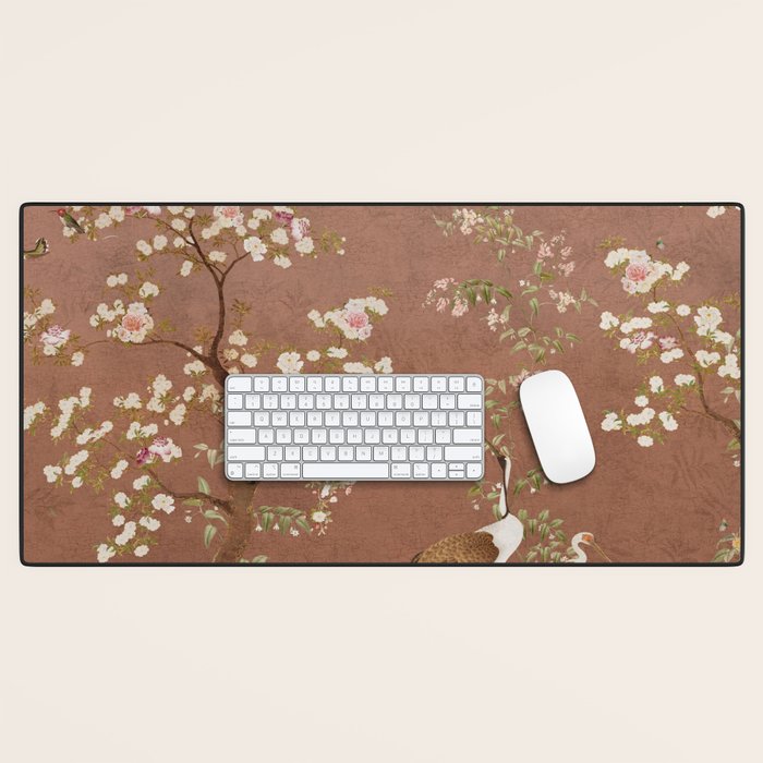Vintage chinoiserie birds and japanese blossom trees on terracotta Desk Mat Gallery Image 1