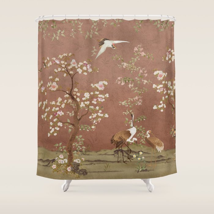 Vintage chinoiserie birds and japanese blossom trees on terracotta Shower Curtain Gallery Image 1