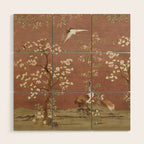 Vintage chinoiserie birds and japanese blossom trees on terracotta Wood Wall Art Gallery Image 1