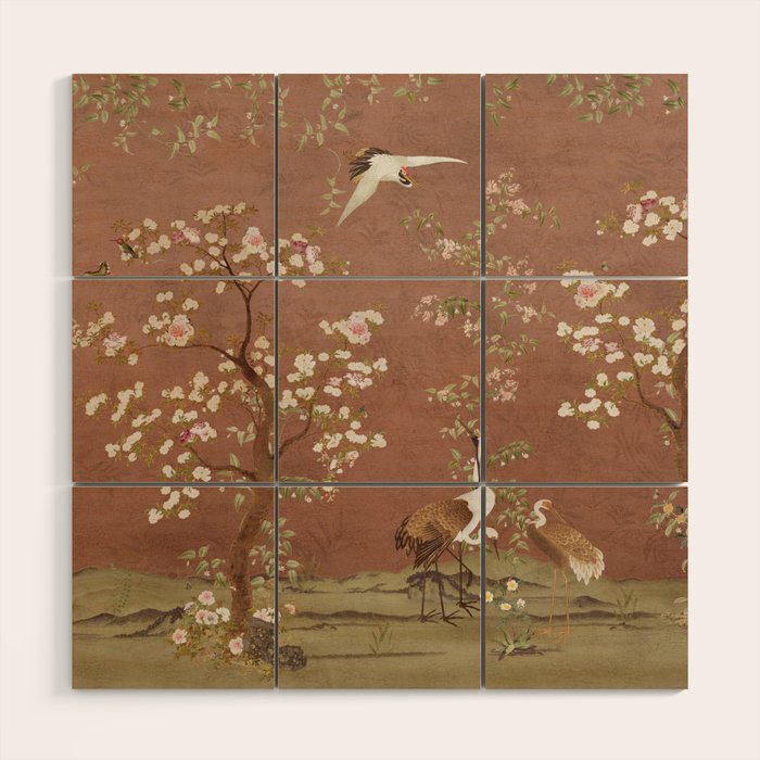 Vintage chinoiserie birds and japanese blossom trees on terracotta Wood Wall Art Gallery Image 1