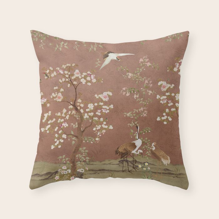 Vintage chinoiserie birds and japanese blossom trees on terracotta Throw Pillow Gallery Image 6