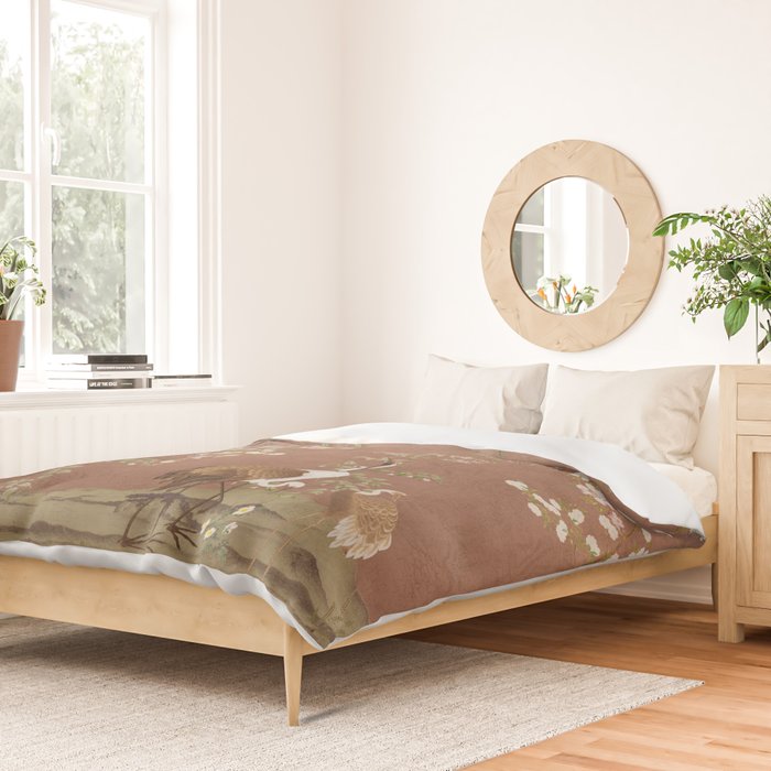 Vintage chinoiserie birds and japanese blossom trees on terracotta Duvet Cover Gallery Image 2