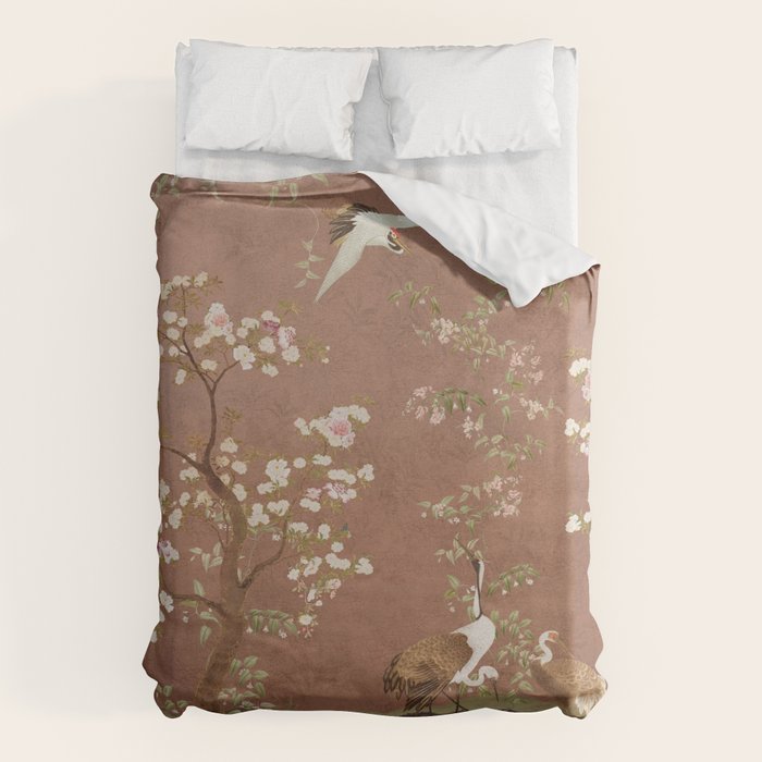 Vintage chinoiserie birds and japanese blossom trees on terracotta Duvet Cover Gallery Image 6