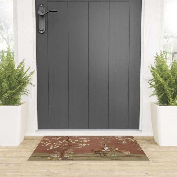 Vintage chinoiserie birds and japanese blossom trees on terracotta Welcome Mat Gallery Image 3