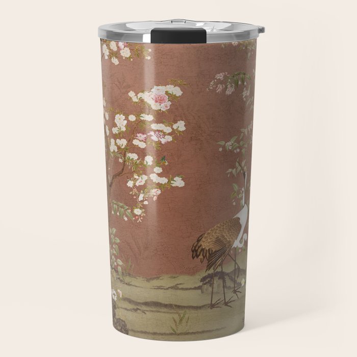 Vintage chinoiserie birds and japanese blossom trees on terracotta Travel Mug Gallery Image 1