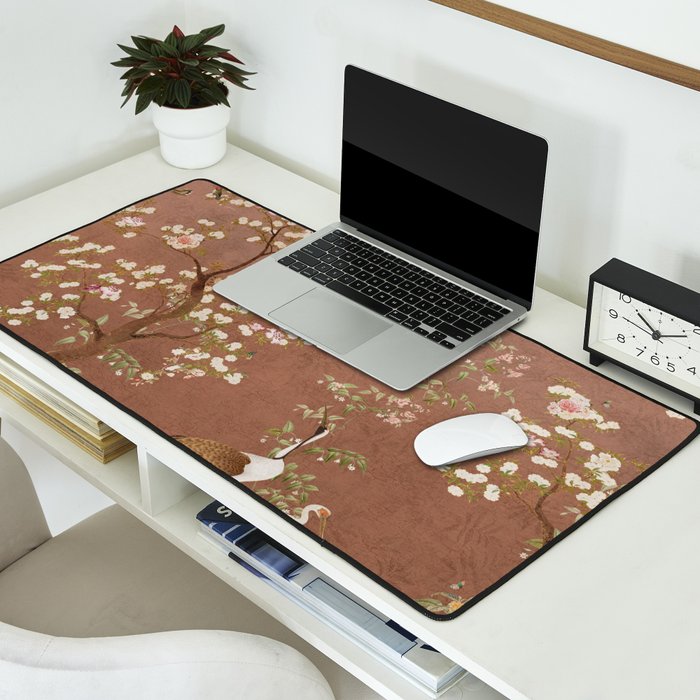 Vintage chinoiserie birds and japanese blossom trees on terracotta Desk Mat Gallery Image 2