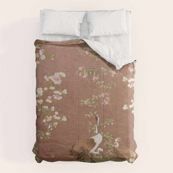 Vintage chinoiserie birds and japanese blossom trees on terracotta Comforter Gallery Image 1
