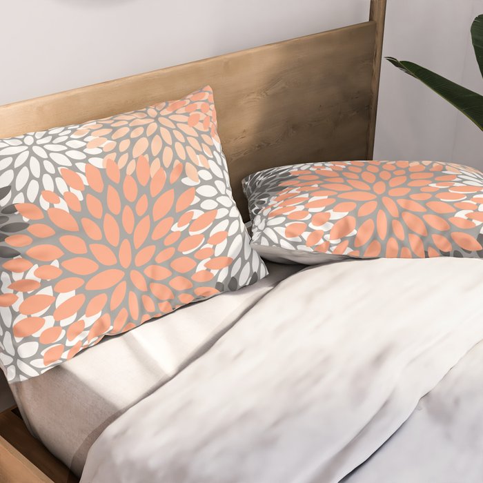 Floral Pattern, Coral, Gray, White Pillow Sham Gallery Image 2
