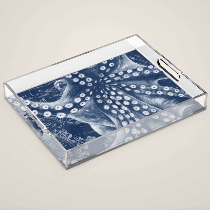 Octopus Vintage Map Blue Nautical Art Acrylic Tray Gallery Image 1