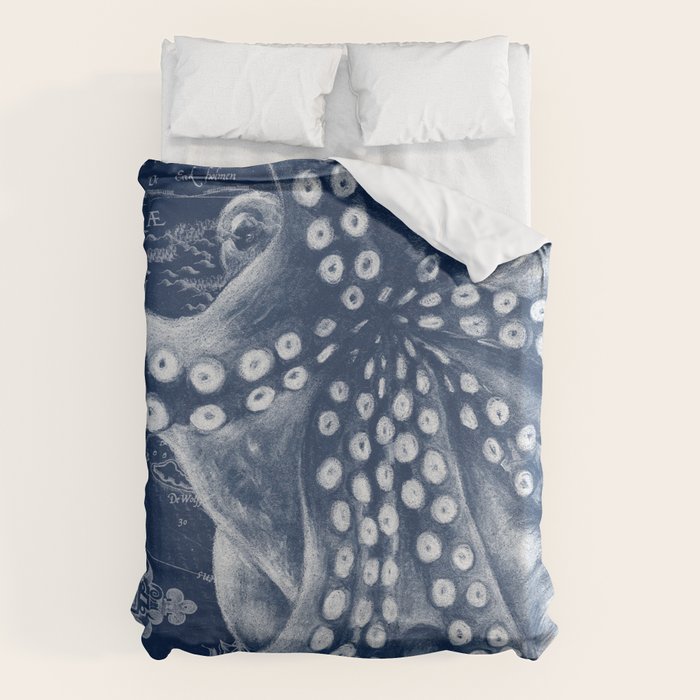 Octopus Vintage Map Blue Nautical Art Duvet Cover