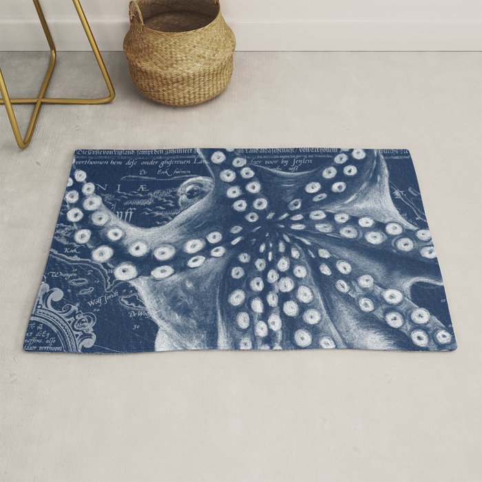 Octopus Vintage Map Blue Nautical Art Rug Gallery Image 1