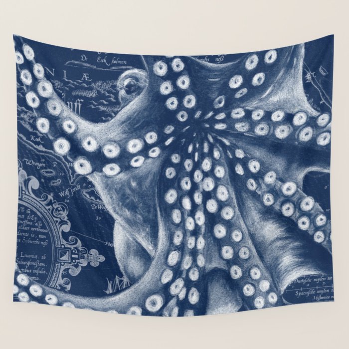 Octopus Vintage Map Blue Nautical Art Wall Tapestry Gallery Image 4