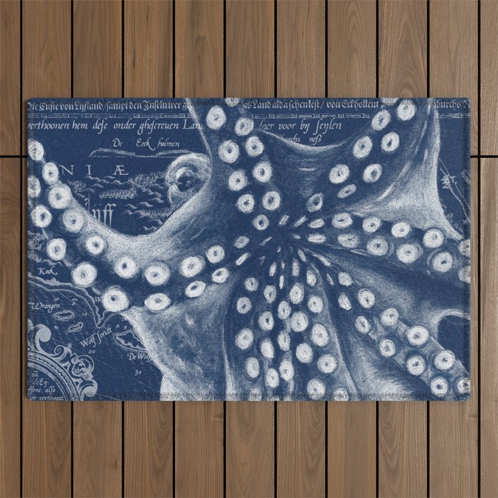 Octopus Vintage Map Blue Nautical Art Outdoor Rug Gallery Image 1