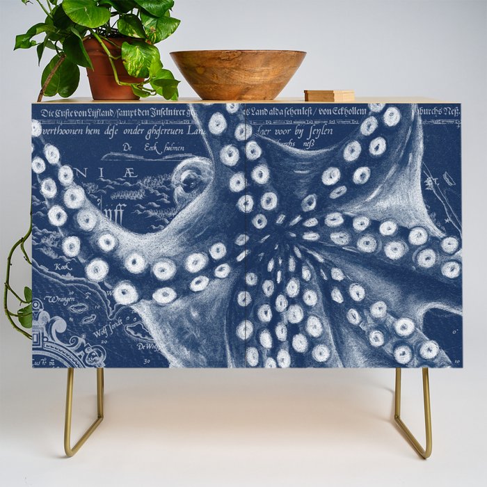 Octopus Vintage Map Blue Nautical Art Credenza Gallery Image 1
