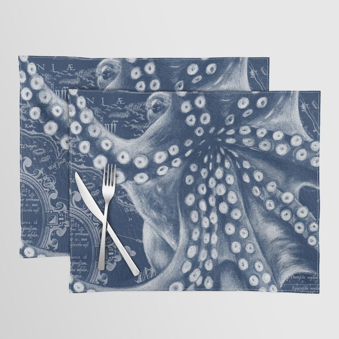 Octopus Vintage Map Blue Nautical Art Placemat Gallery Image 1
