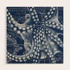Octopus Vintage Map Blue Nautical Art Wood Wall Art Gallery Image 1