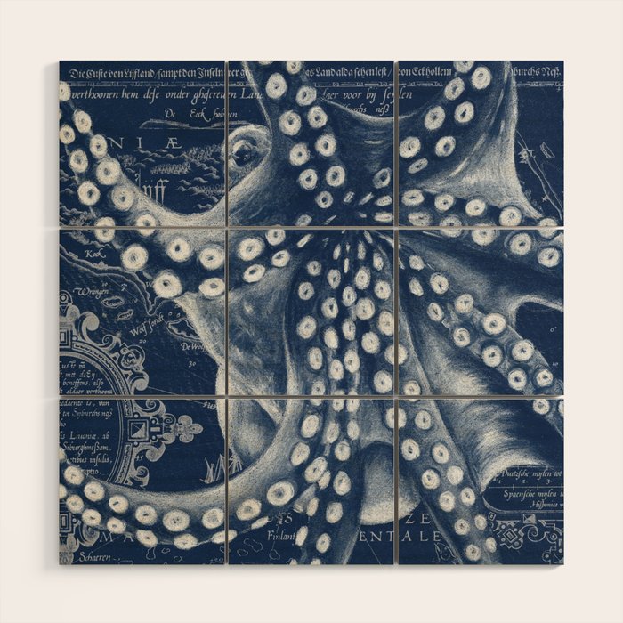 Octopus Vintage Map Blue Nautical Art Wood Wall Art Gallery Image 1
