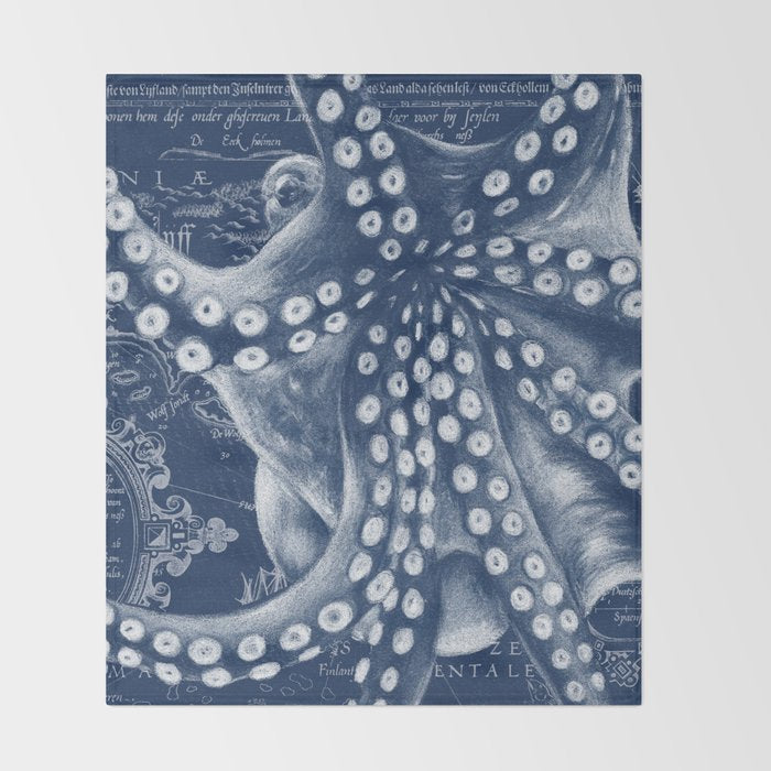 Octopus Vintage Map Blue Nautical Art Throw Blanket Gallery Image 2
