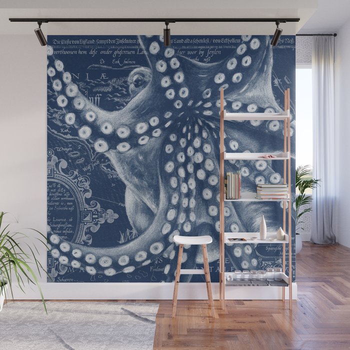 Octopus Vintage Map Blue Nautical Art Wall Mural Gallery Image 1